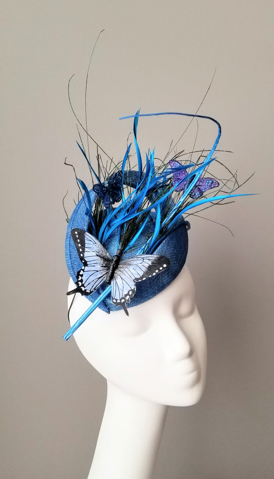 Blue butterfly fascinator bespoke hats Louisville Kentucky Hat Haven 