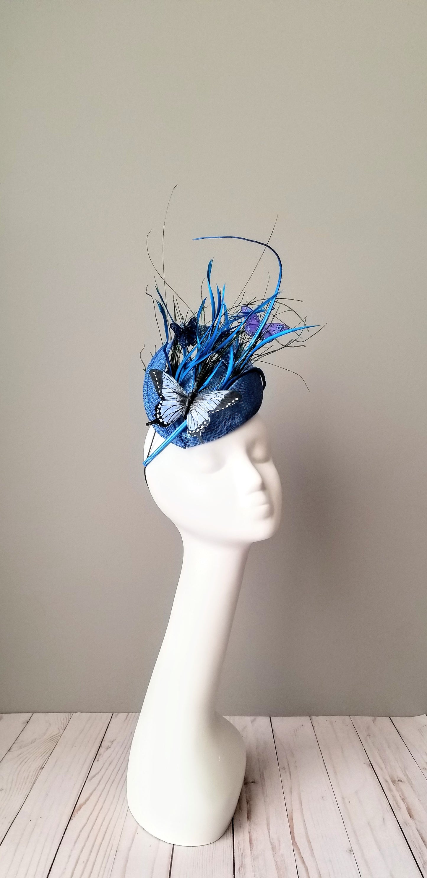 Blue butterfly fascinator bespoke hats Louisville Kentucky Hat Haven 
