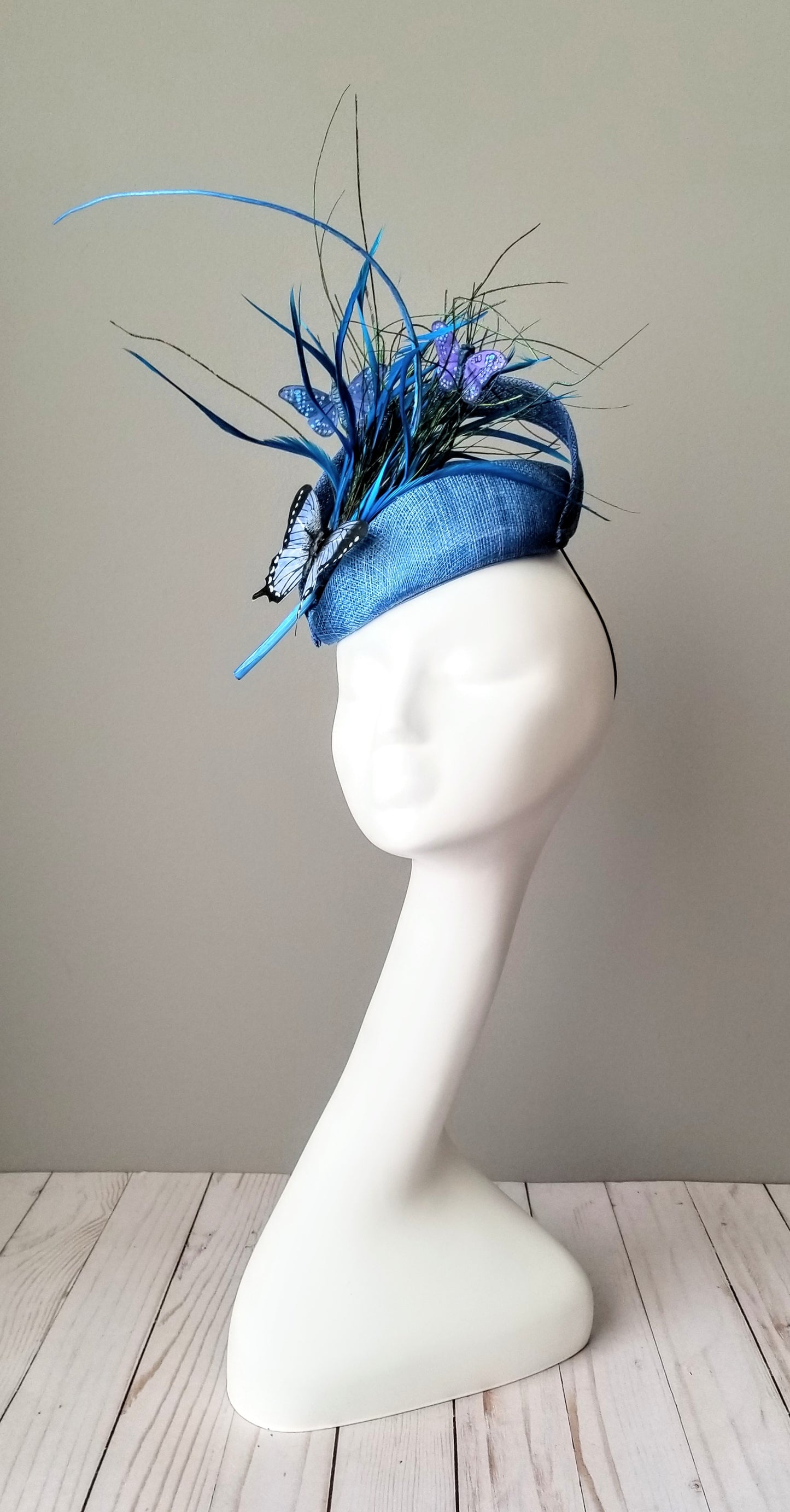 Blue butterfly fascinator bespoke hats Louisville Kentucky Hat Haven 