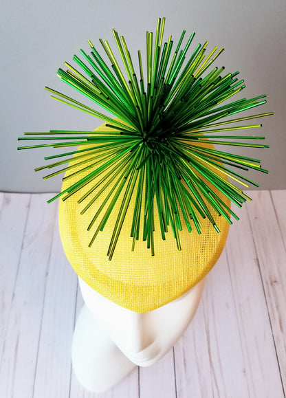 Ladies fascinator. Yellow and green fascinator. Custom fascinator. Ladies Kentucky Derby hats and fascinators in Louisville Kentucky. Hat Haven hat shop. 