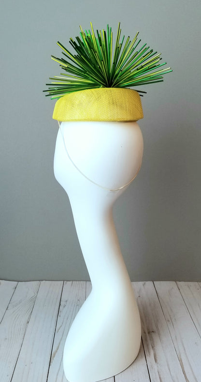 Ladies fascinator. Yellow and green fascinator. Custom fascinator. Ladies Kentucky Derby hats and fascinators in Louisville Kentucky. Hat Haven hat shop. 