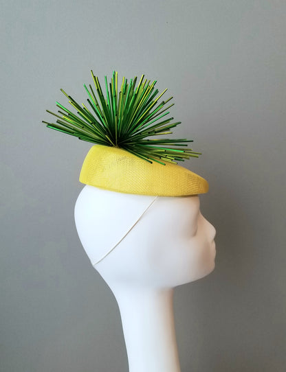 Ladies fascinator. Yellow and green fascinator. Custom fascinator. Ladies Kentucky Derby hats and fascinators in Louisville Kentucky. Hat Haven hat shop. 