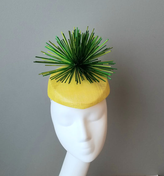 Ladies fascinator. Yellow and green fascinator. Custom fascinator. Ladies Kentucky Derby hats and fascinators in Louisville Kentucky. Hat Haven hat shop. 