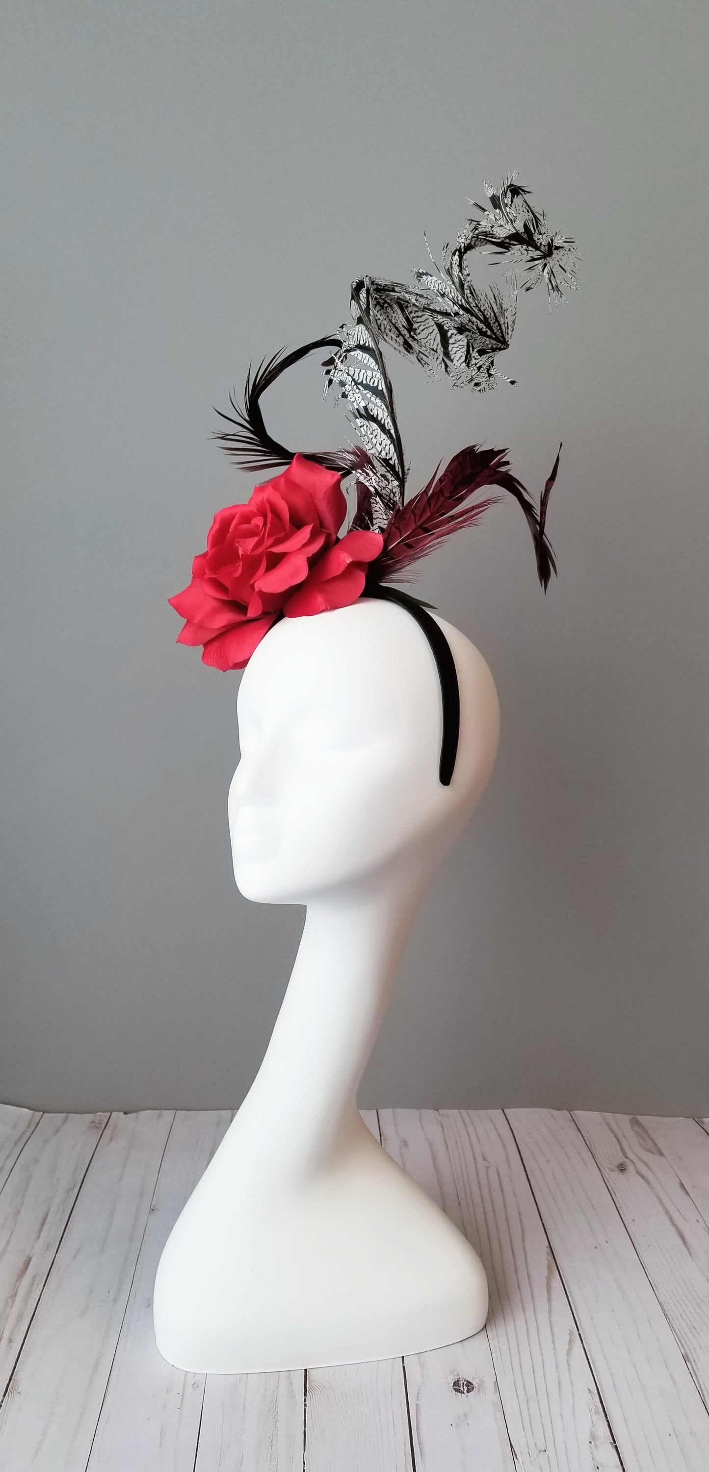 Large rose fascinator, Hat Haven Hat Shop in Louisville, Kentucky. Kentucky Derby hats, fascsinators, Ascot hats, Melbourne Cup hats, custom hats, millinery hat shop, derby hats, wedding hats, ladies dress hats, Kentucky Derby hats, hats Louisville, hat maker Louisville