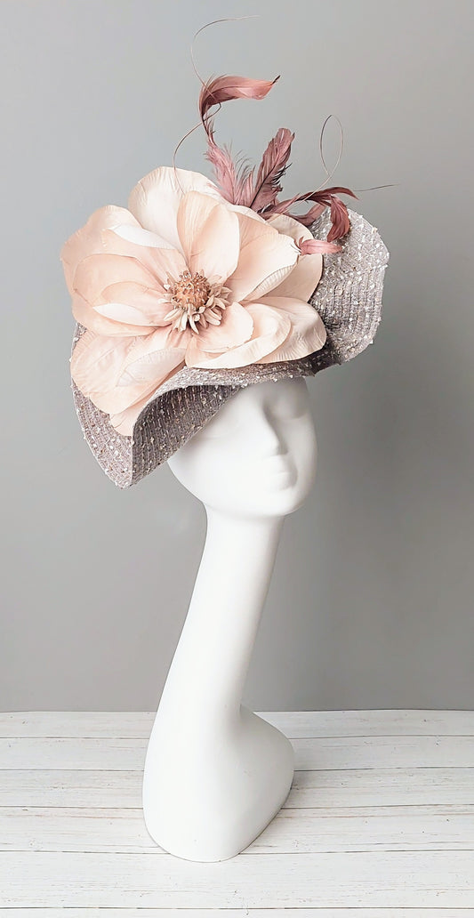 Hat Haven Millinery - The best custom Kentucky Derby Hats in Louisville. Ladies dress hats, fascinators, men's hats, hat bands, custom hats, milliner, hat store in Louisville. Gray fascinator, large flower fascinator