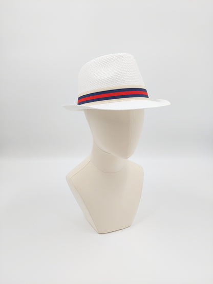 White Trilby with Navy/Red/Cream Band